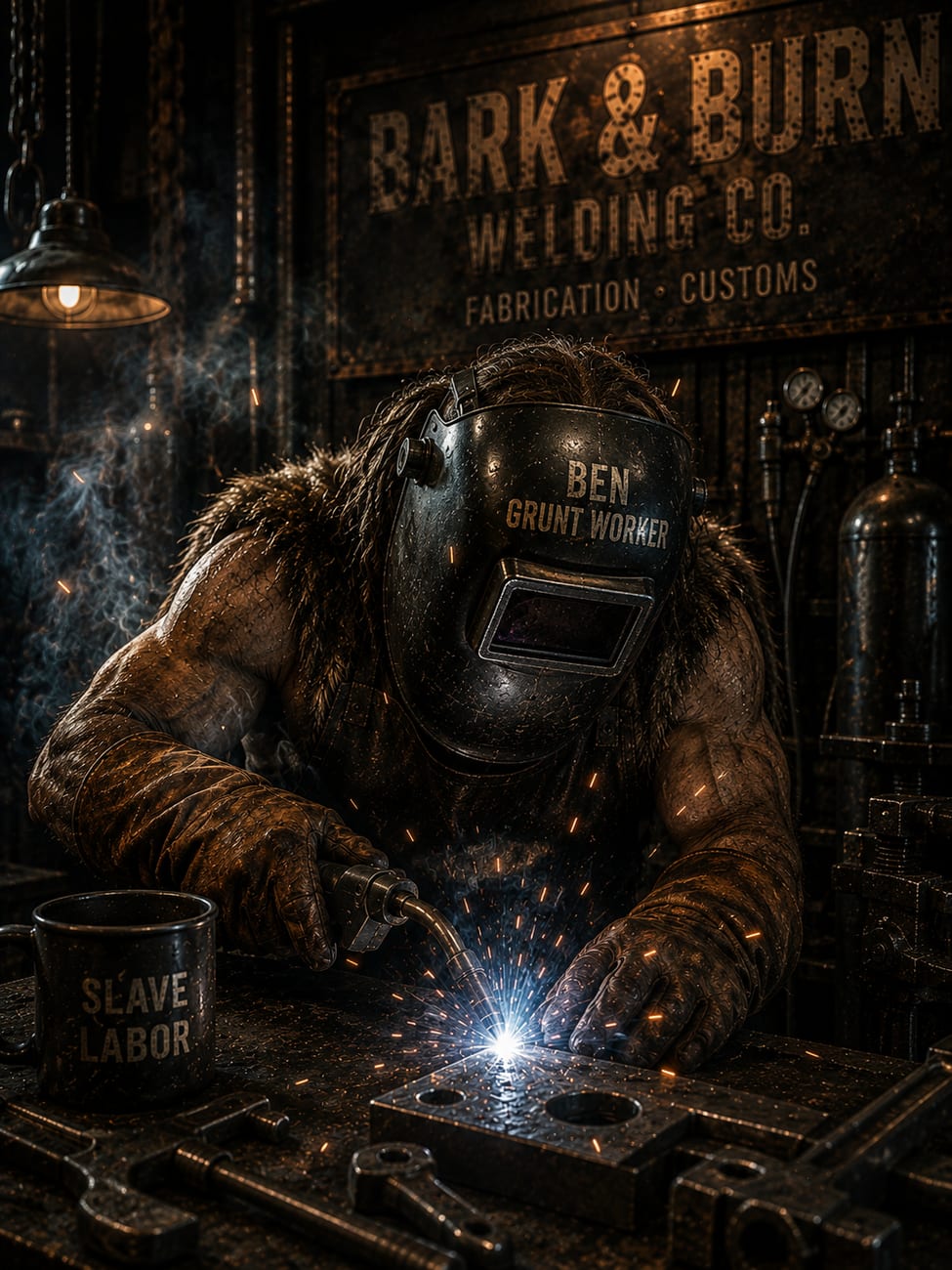 Ben in a welding helmet running a bead at the shop