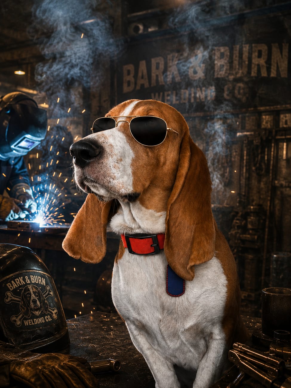 Hambone in aviators supervising a weld at the shop
