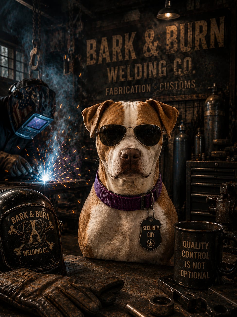 Porkchop in aviators with a Security Guy badge at the welding shop